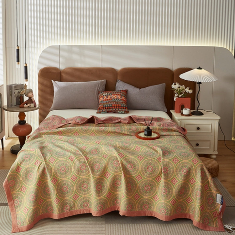 Reversible Lightweight Cotton Summer Blanket with Ginkgo Leaf Design