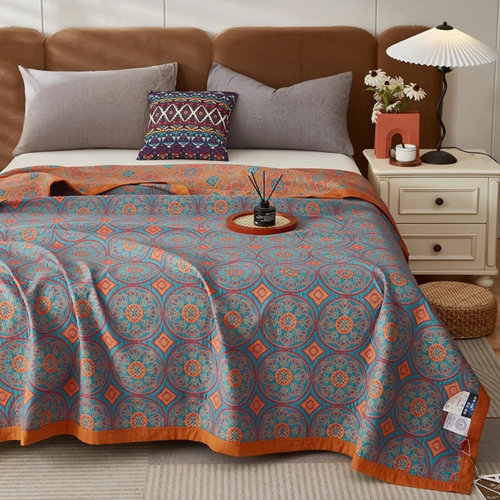 Reversible Lightweight Cotton Summer Blanket with Ginkgo Leaf Design