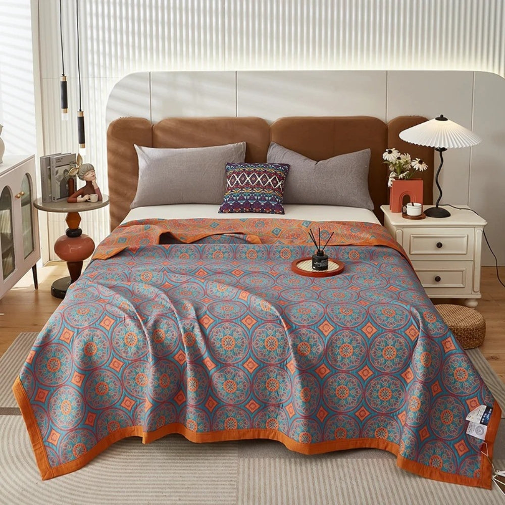 Reversible Lightweight Cotton Summer Blanket with Ginkgo Leaf Design