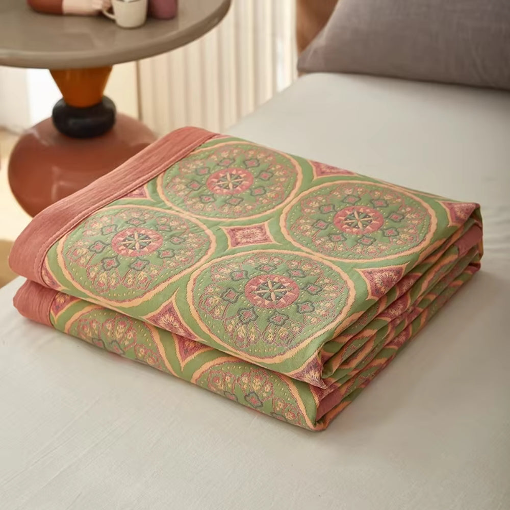 Reversible Lightweight Cotton Summer Blanket with Ginkgo Leaf Design