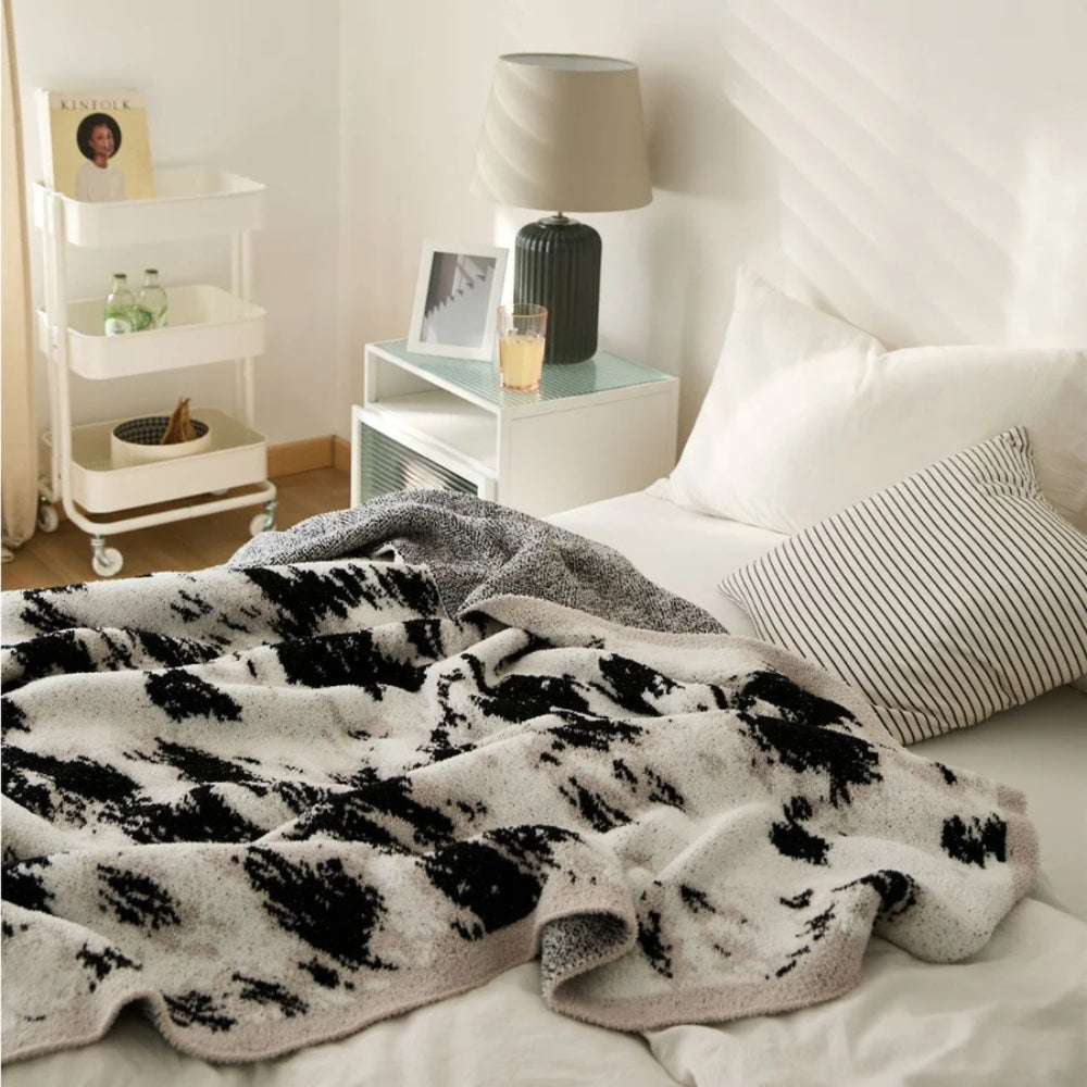 Black and White Fuzzy Knit Throw Blanket