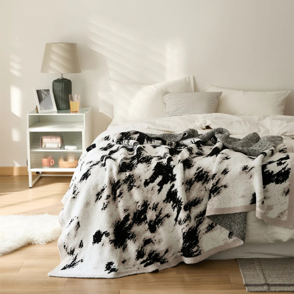 Black and White Fuzzy Knit Throw Blanket