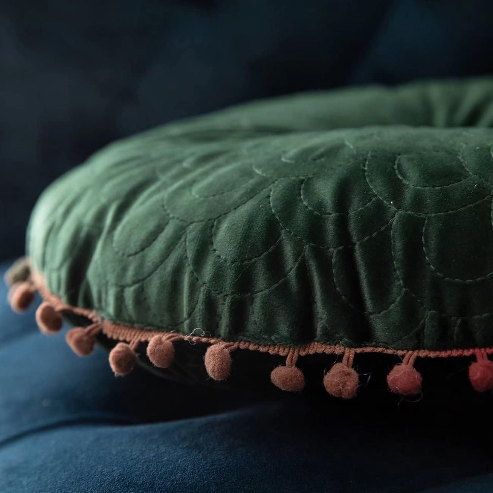 Vintage Round Quilted Velvet Ottoman Cushion with Pom-Pom Trim