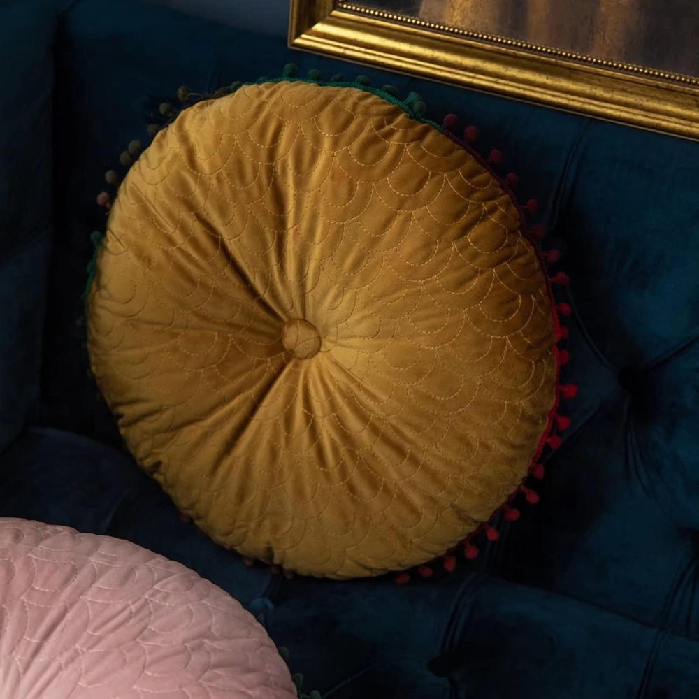 Vintage Round Quilted Velvet Ottoman Cushion with Pom-Pom Trim