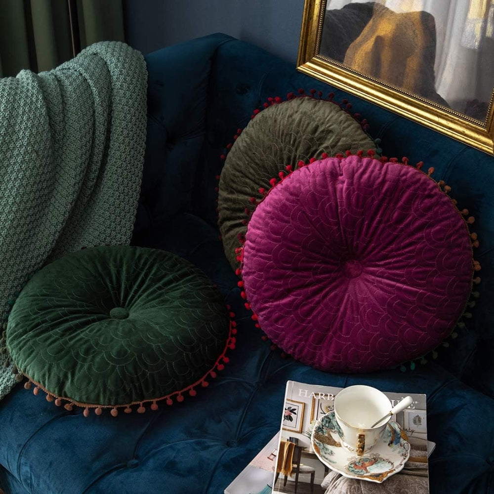Vintage Round Quilted Velvet Ottoman Cushion with Pom-Pom Trim