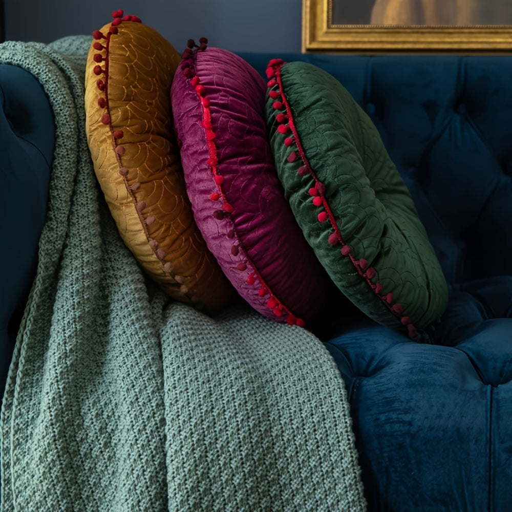 Vintage Round Quilted Velvet Ottoman Cushion with Pom-Pom Trim