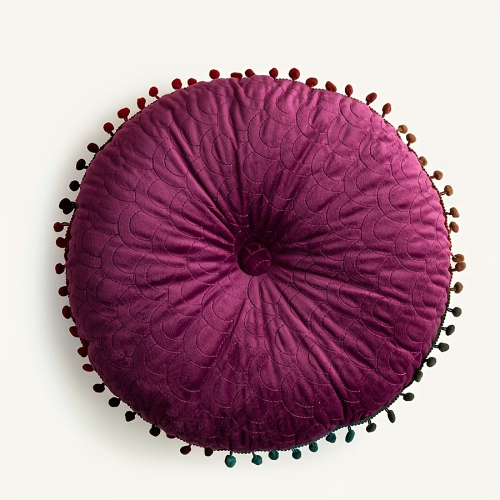Vintage Round Quilted Velvet Ottoman Cushion with Pom-Pom Trim