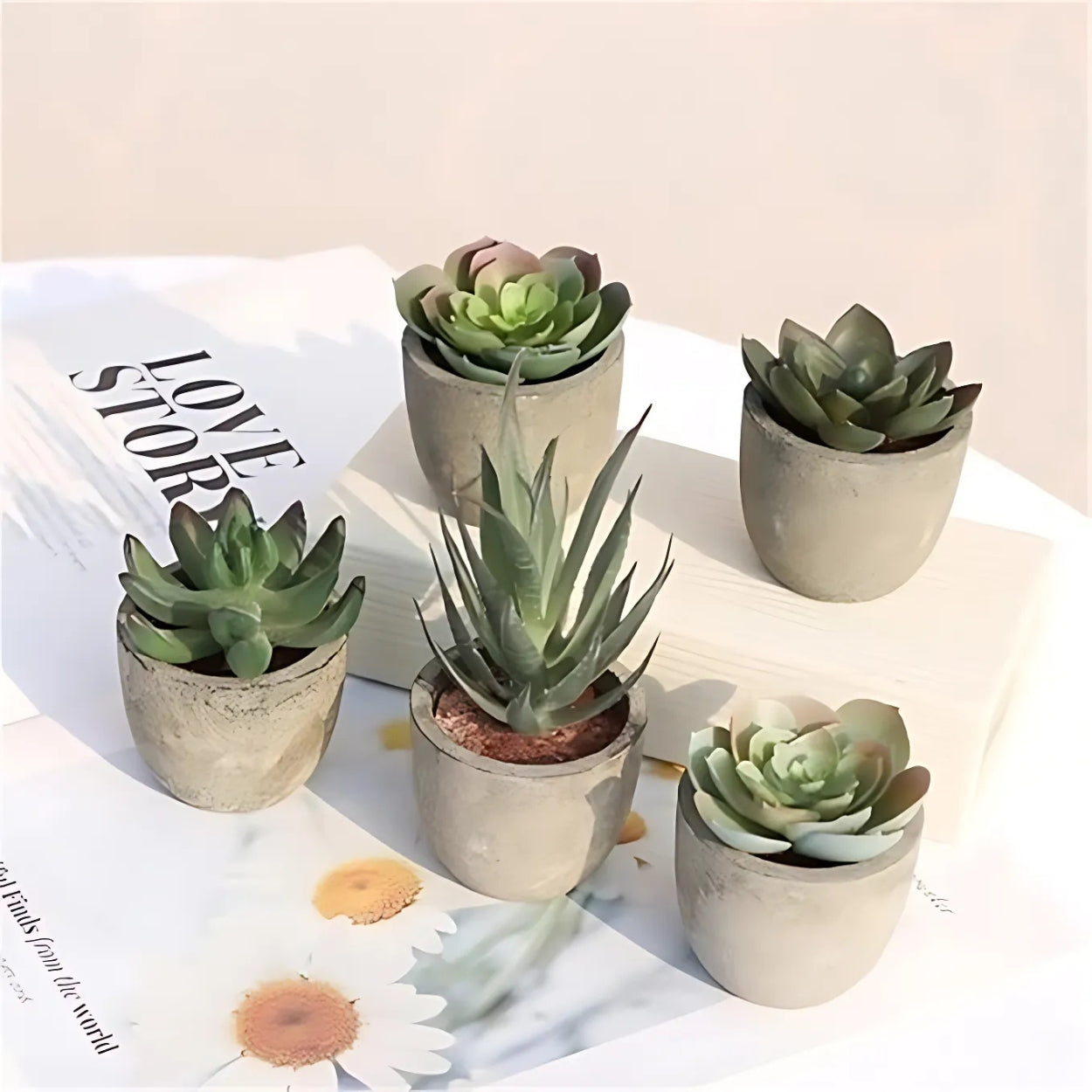 Realistic Artificial Succulent Plant in Rustic Stone Pot