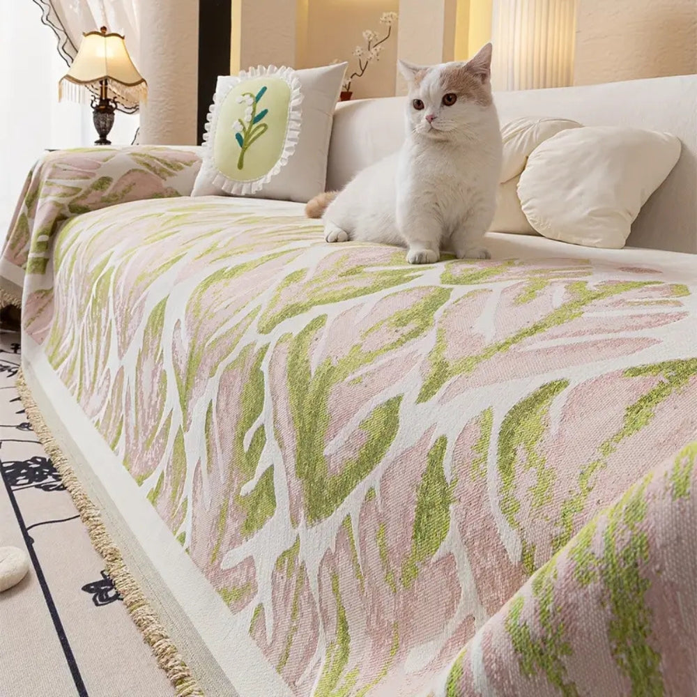 Chenille Leaf Pattern Sofa Cover - Pet-Friendly, Machine Washable