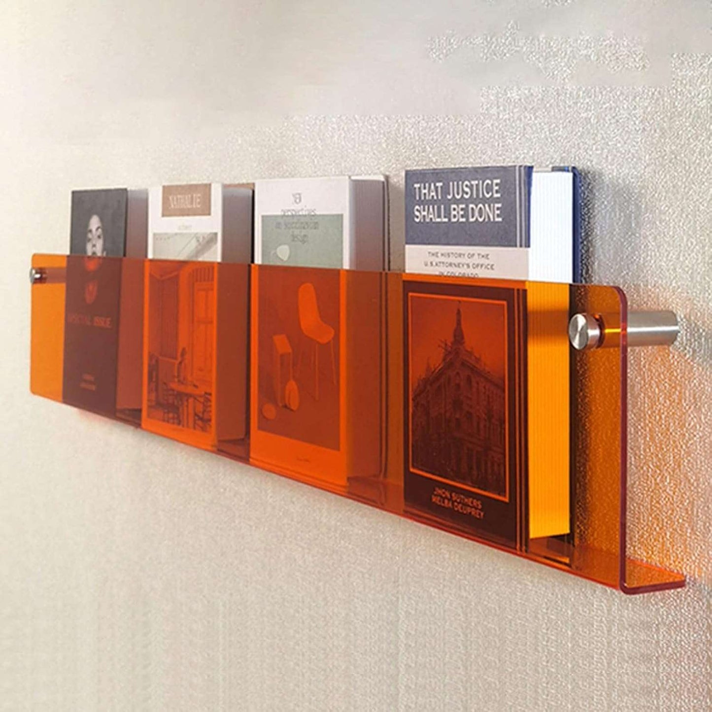 Acrylic Wall-Mounted Floating Magazine Rack in Clear and Orange