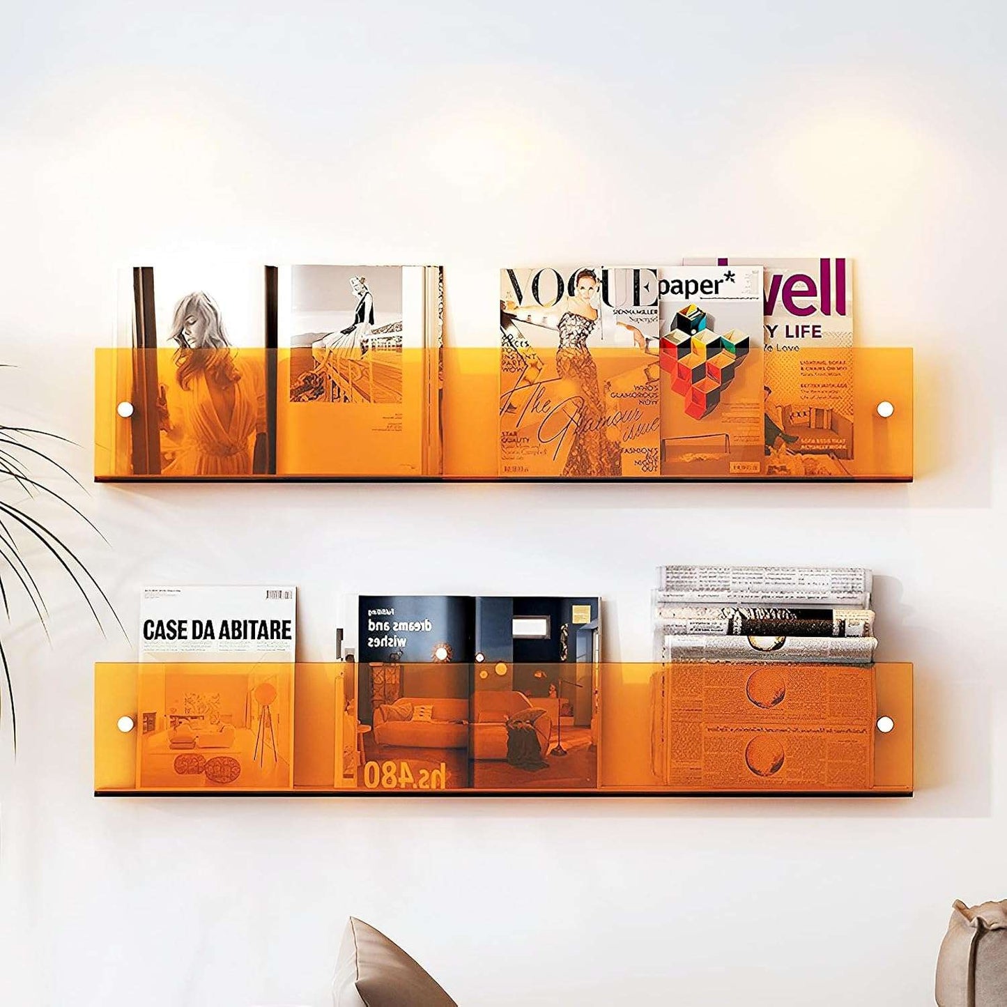 Acrylic Wall-Mounted Floating Magazine Rack in Clear and Orange