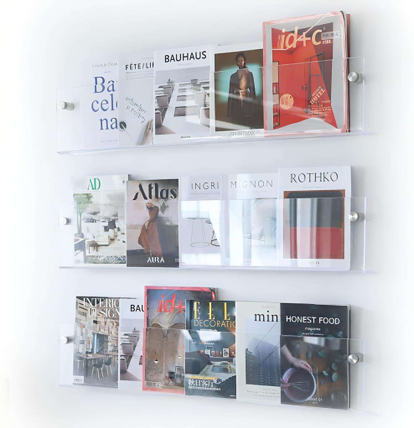 Acrylic Wall-Mounted Floating Magazine Rack in Clear and Orange
