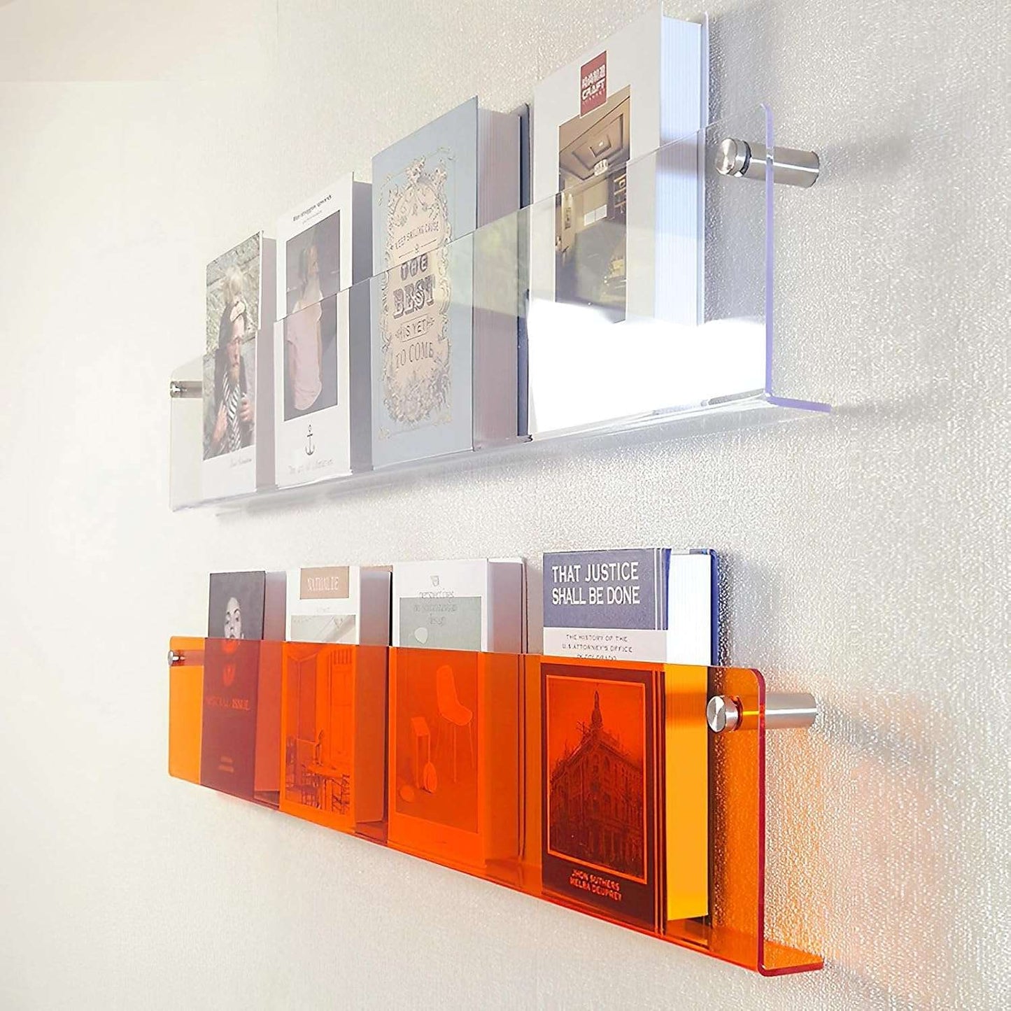 Acrylic Wall-Mounted Floating Magazine Rack in Clear and Orange