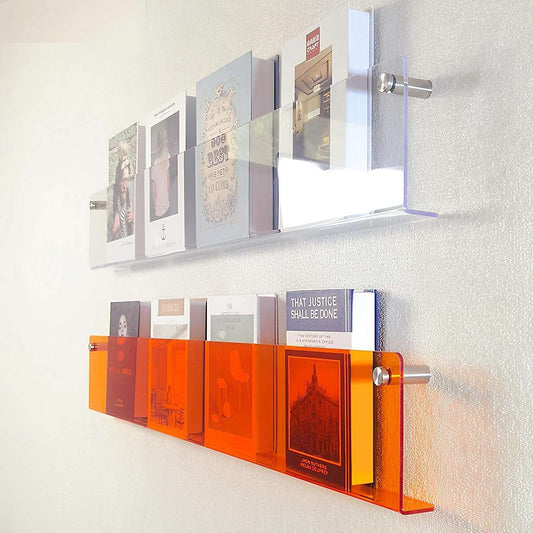 Acrylic Wall-Mounted Floating Magazine Rack in Clear and Orange