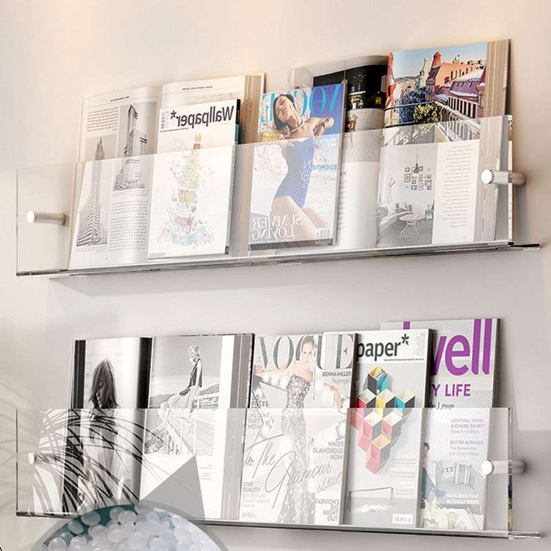 Acrylic Wall-Mounted Floating Magazine Rack in Clear and Orange