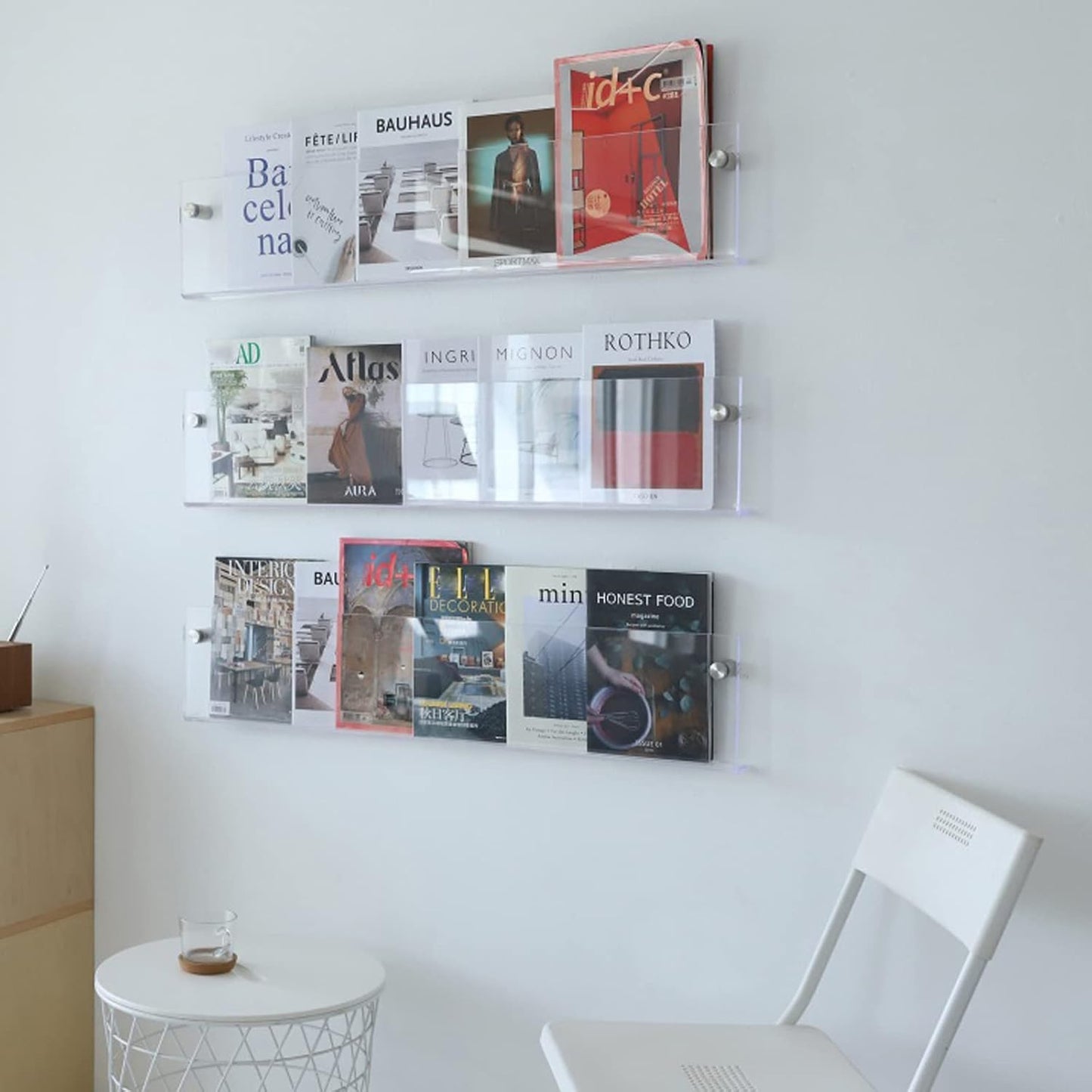 Acrylic Wall-Mounted Floating Magazine Rack in Clear and Orange