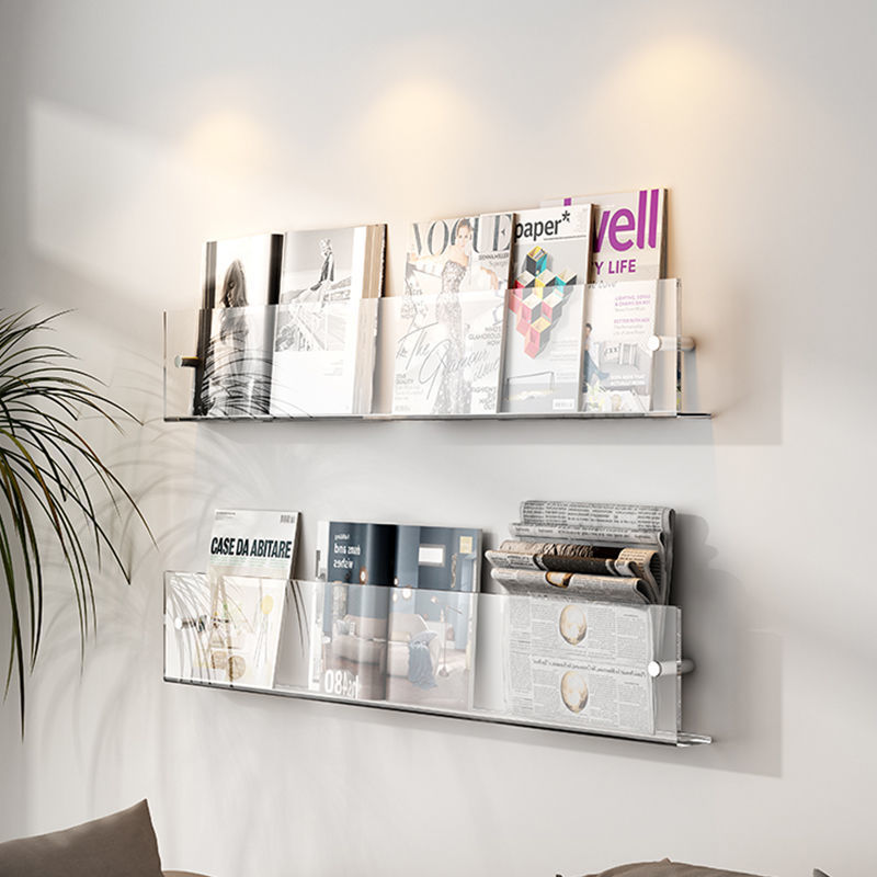 Acrylic Wall-Mounted Floating Magazine Rack in Clear and Orange