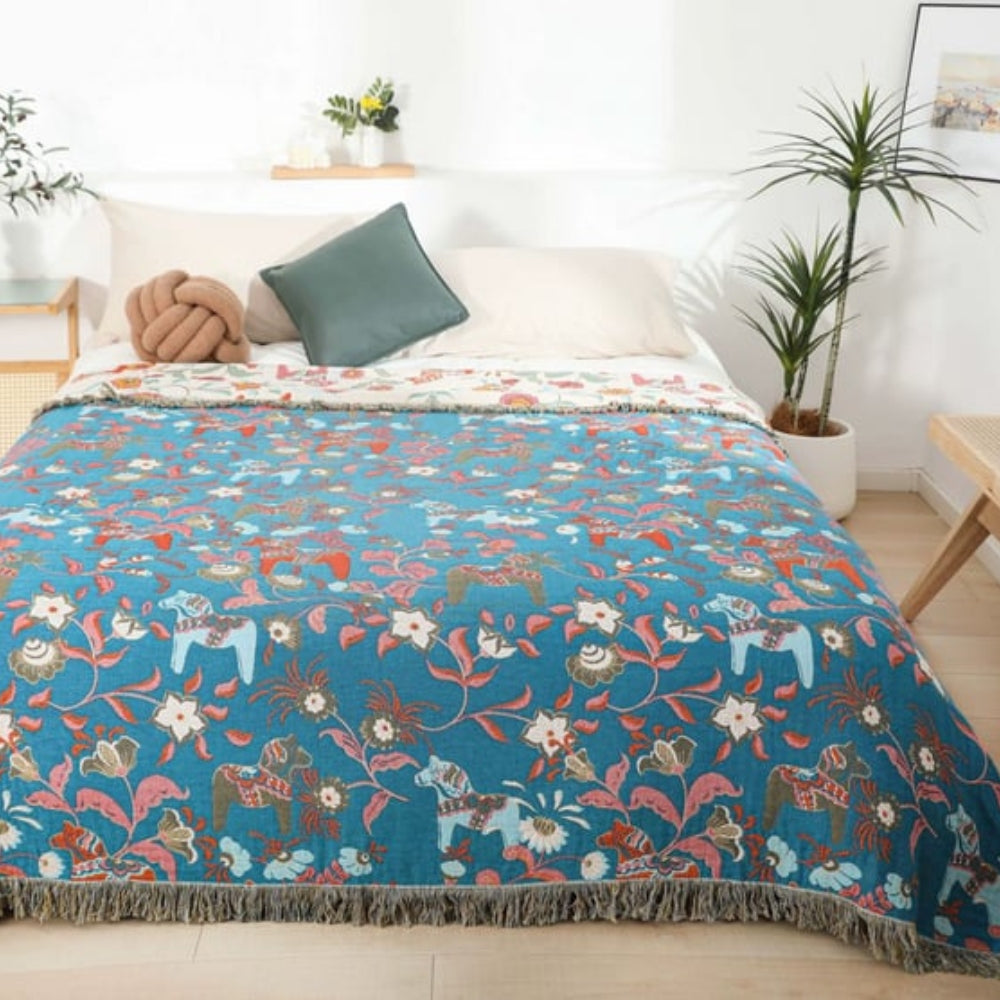 Reversible Bohemian Floral Cotton Blanket with Tassel Trim