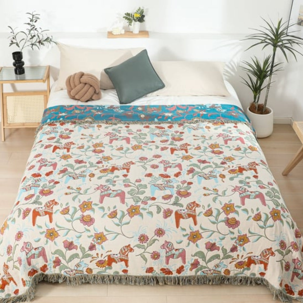 Reversible Bohemian Floral Cotton Blanket with Tassel Trim