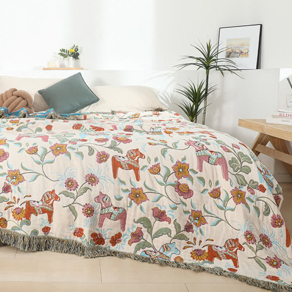 Reversible Bohemian Floral Cotton Blanket with Tassel Trim