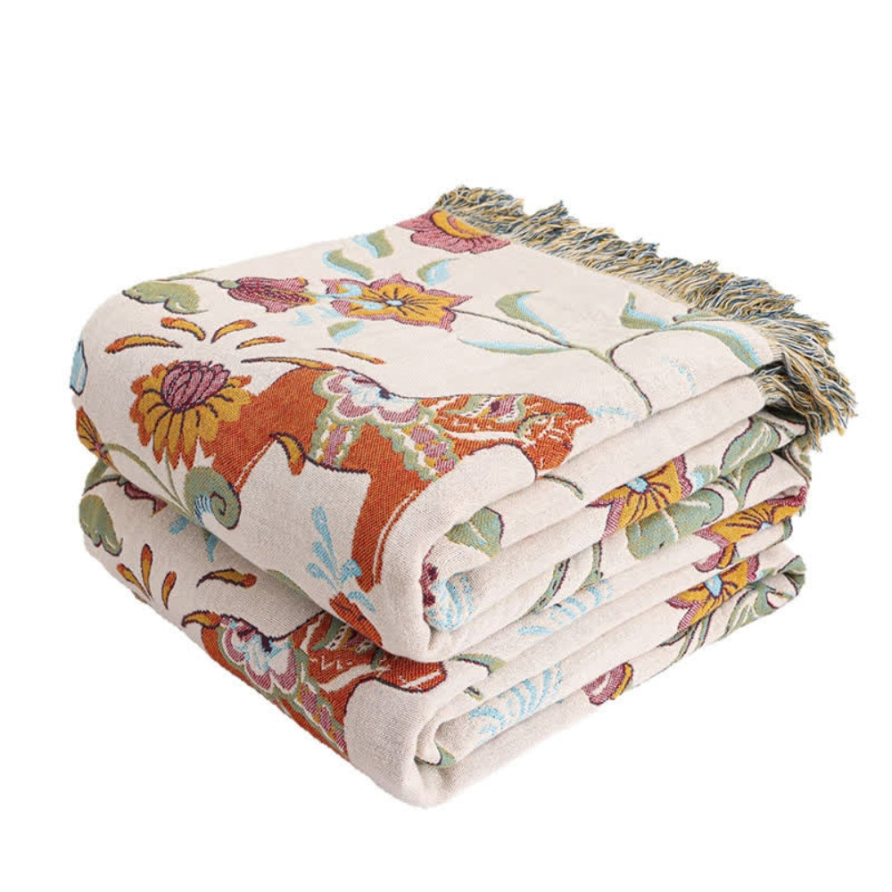 Reversible Bohemian Floral Cotton Blanket with Tassel Trim