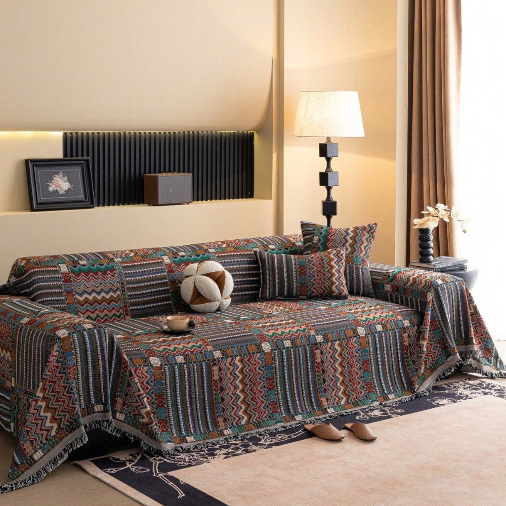 Boho Chenille Sofa Cover with Geometric Stripes