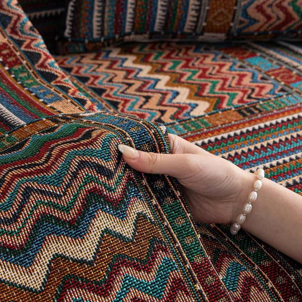 Boho Chenille Sofa Cover with Geometric Stripes