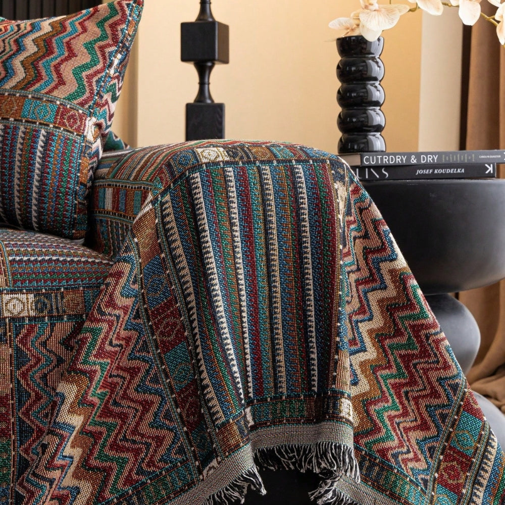 Boho Chenille Sofa Cover with Geometric Stripes