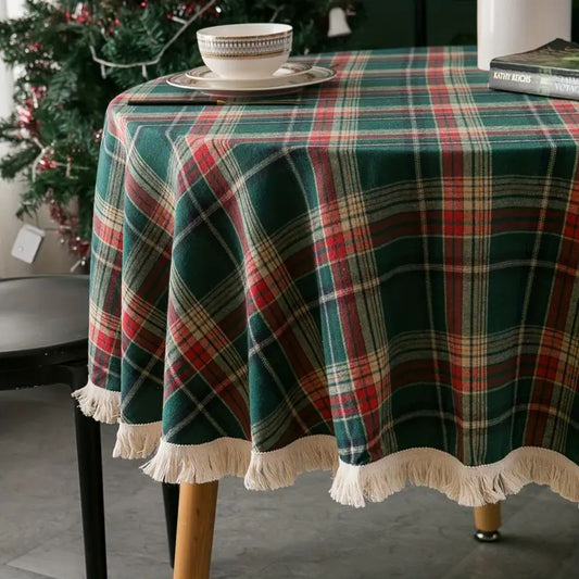 Vintage Holiday Plaid Round Tablecloth with Tassels