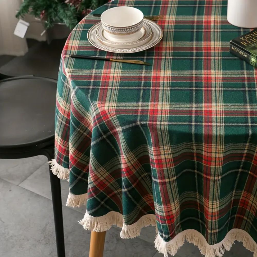 Vintage Holiday Plaid Round Tablecloth with Tassels