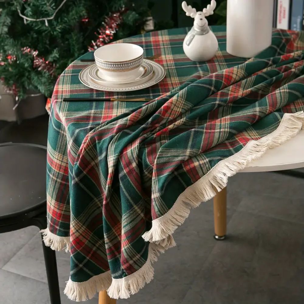 Vintage Holiday Plaid Round Tablecloth with Tassels