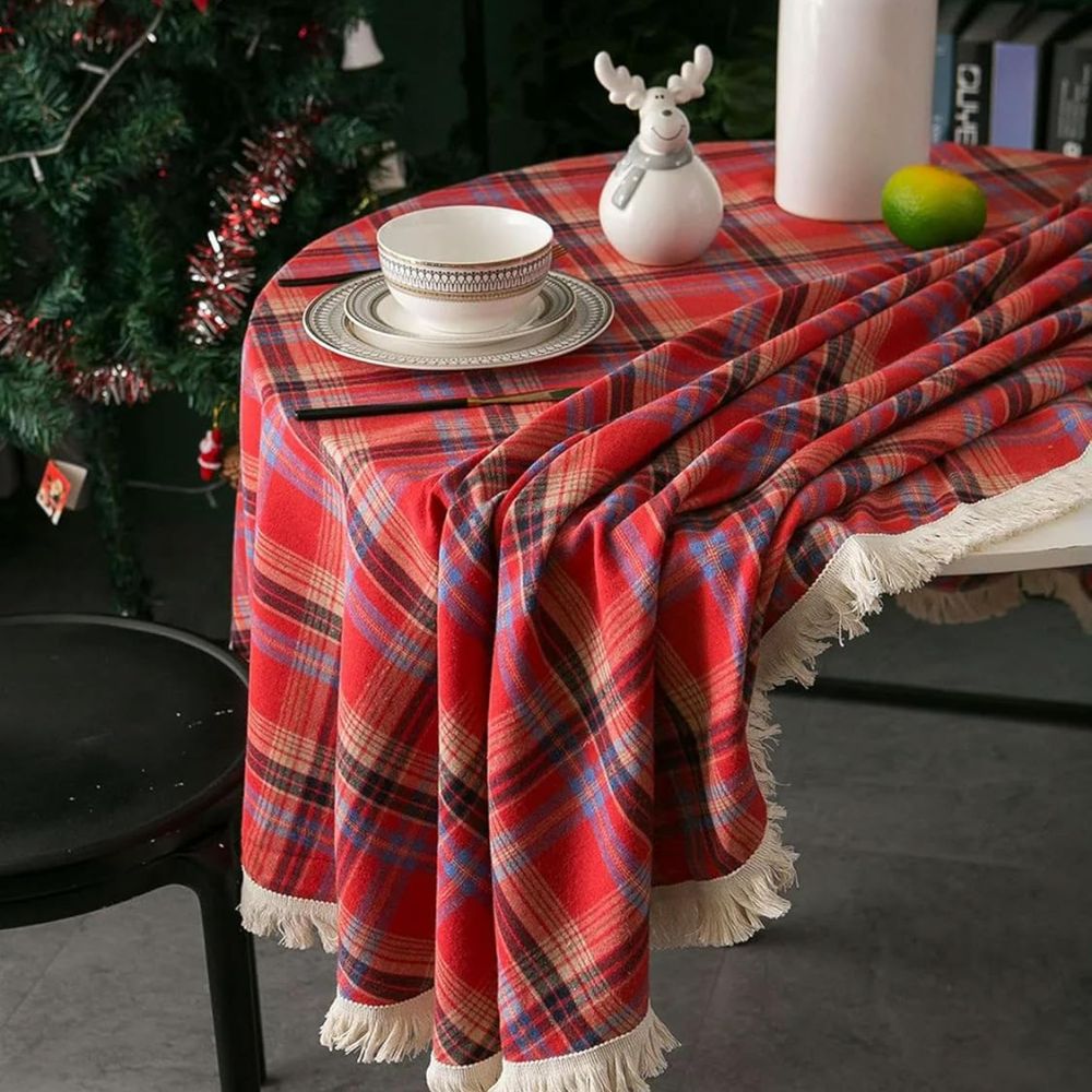 Vintage Holiday Plaid Round Tablecloth with Tassels