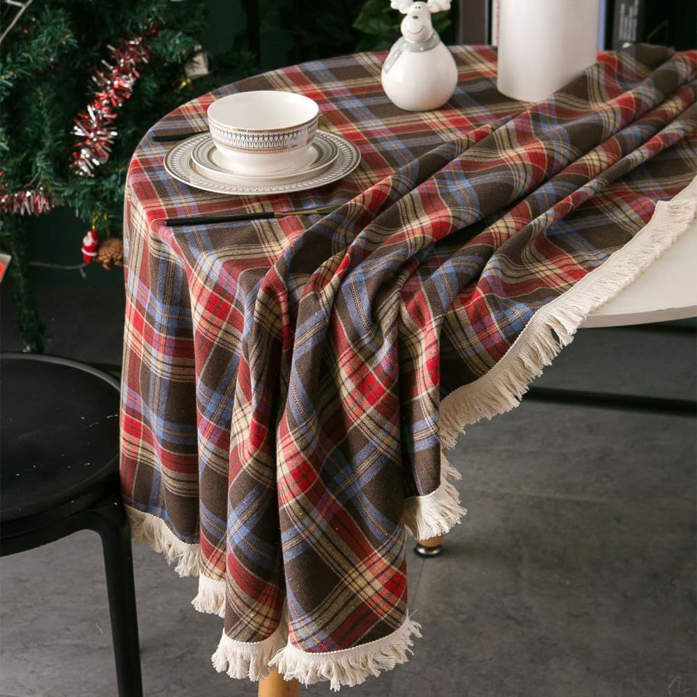 Vintage Holiday Plaid Round Tablecloth with Tassels