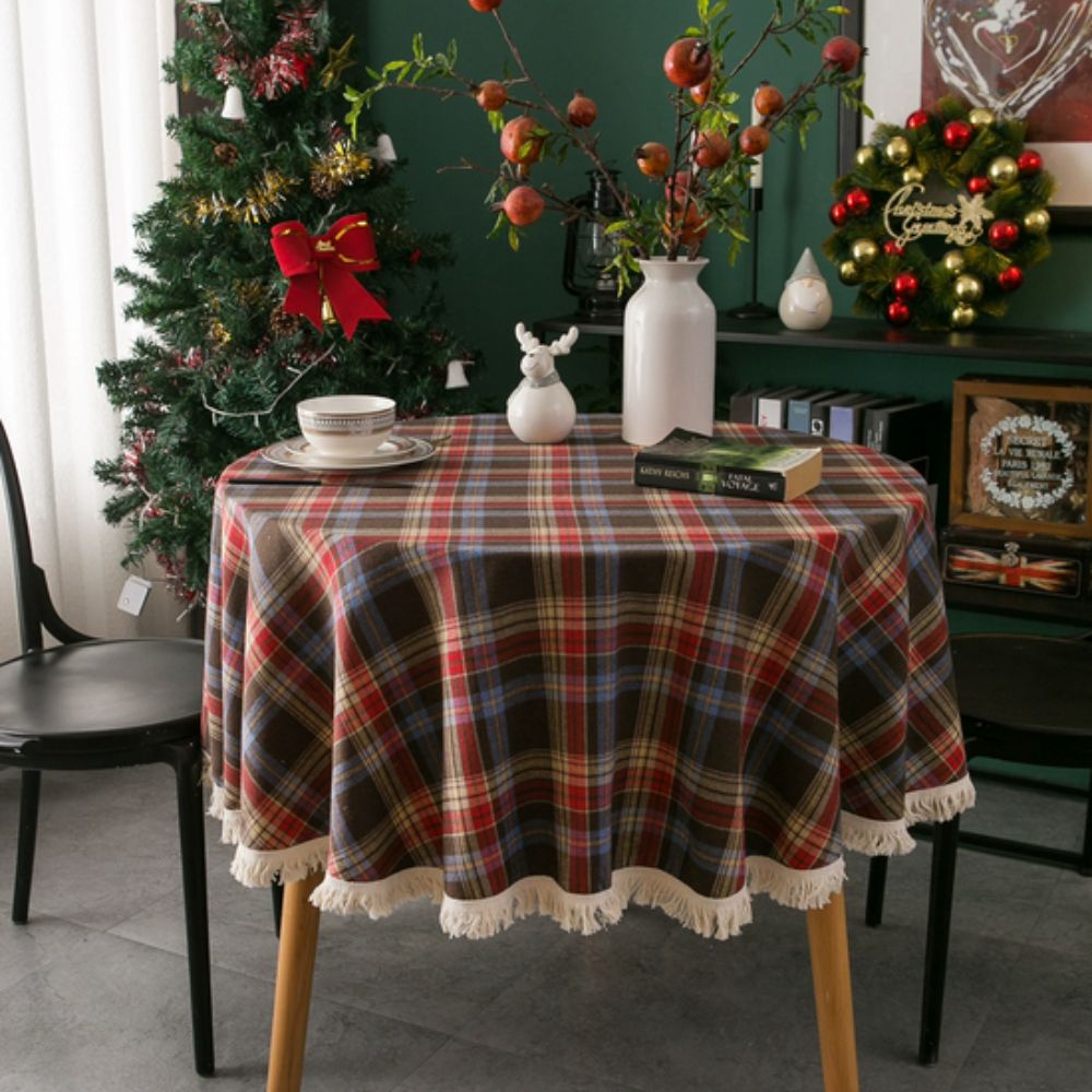 Vintage Holiday Plaid Round Tablecloth with Tassels