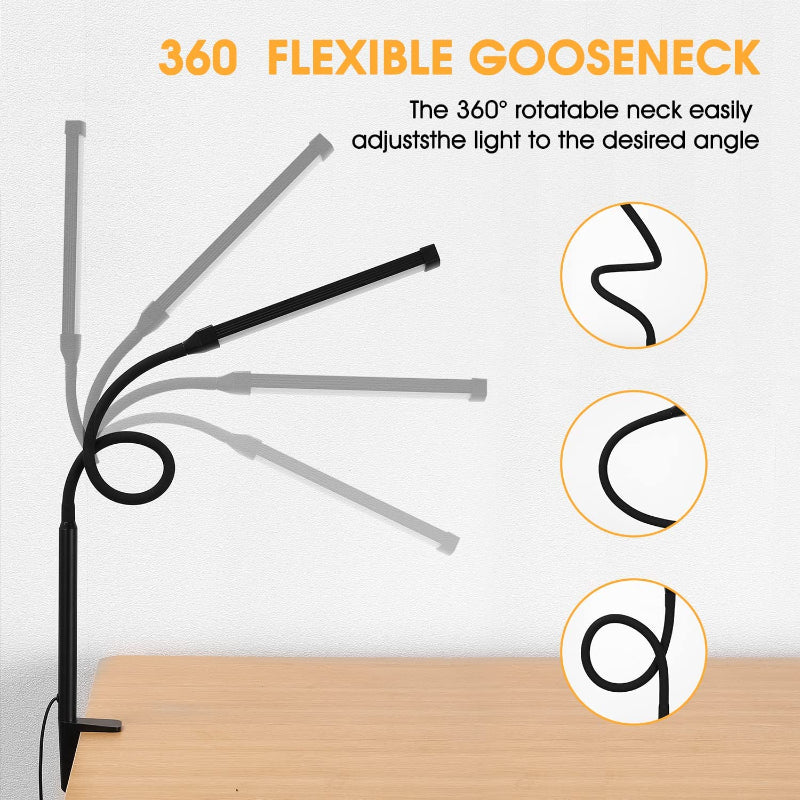 LED Desk Lamp with Flexible Gooseneck, 3 Light Modes, 10 Brightness Levels, USB Power Bank, Eye-Friendly Design