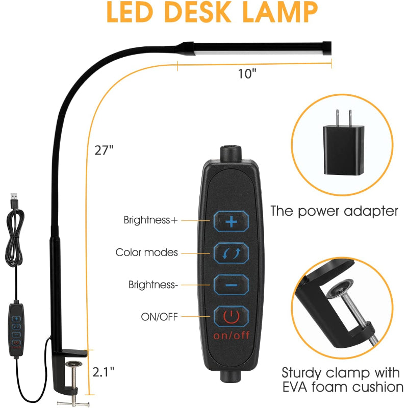 LED Desk Lamp with Flexible Gooseneck, 3 Light Modes, 10 Brightness Levels, USB Power Bank, Eye-Friendly Design