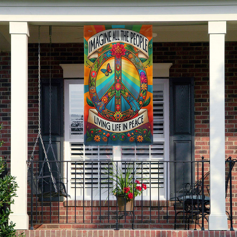 Peace Sign Hippie Flag Double-Sided Canvas - Imagine All The People Living Life In Peace