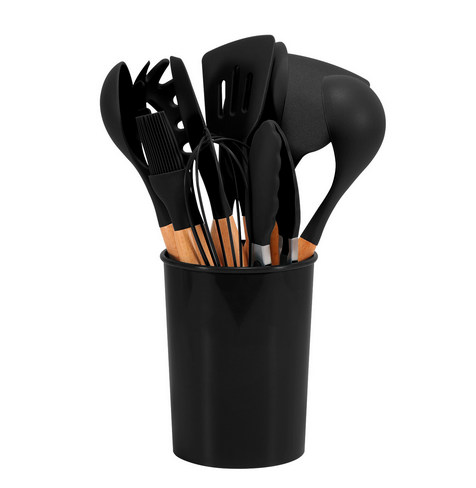 12-Piece Silicone Cooking Utensils Set with Bamboo Handles