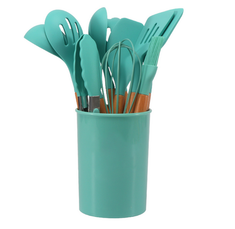 12-Piece Silicone Cooking Utensils Set with Bamboo Handles