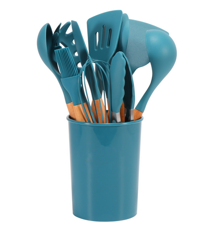 12-Piece Silicone Cooking Utensils Set with Bamboo Handles