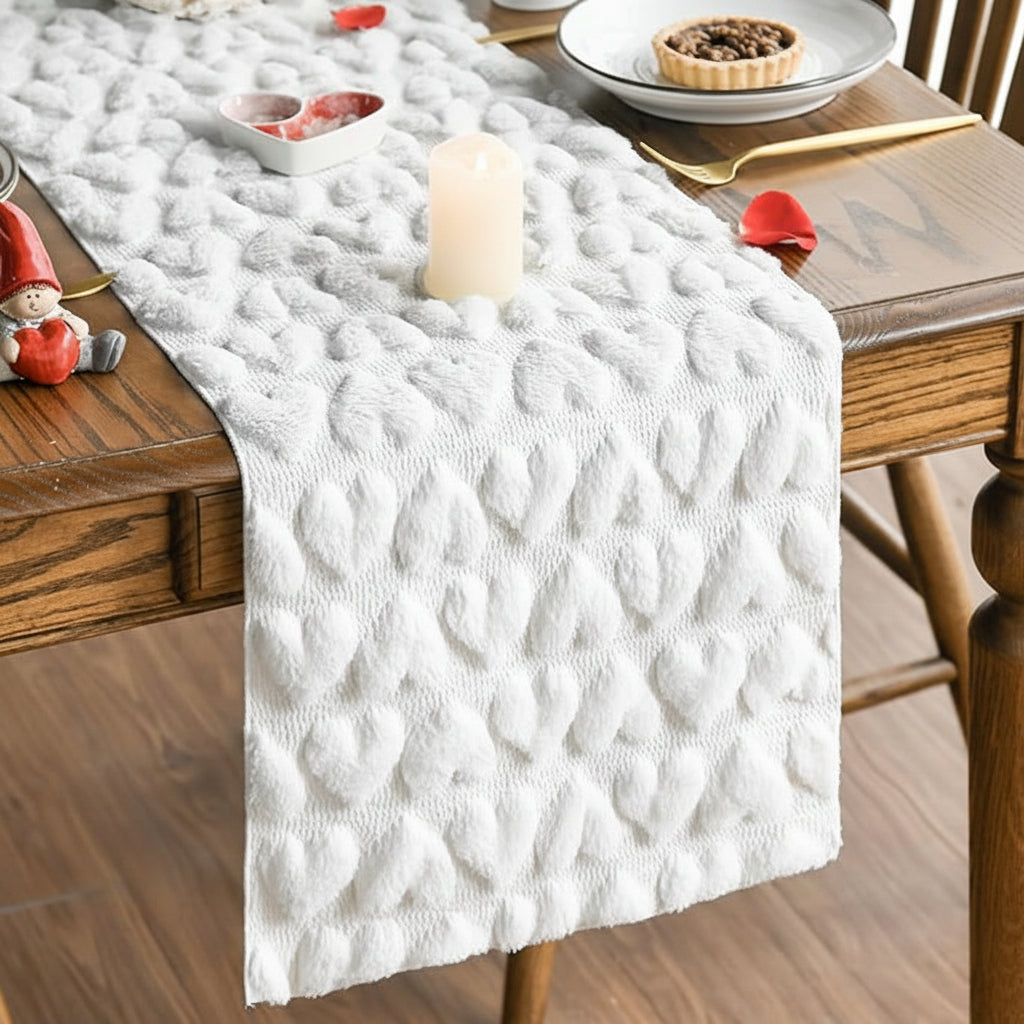 Pink Plush Jacquard Heart Table Runner for Valentine's Day