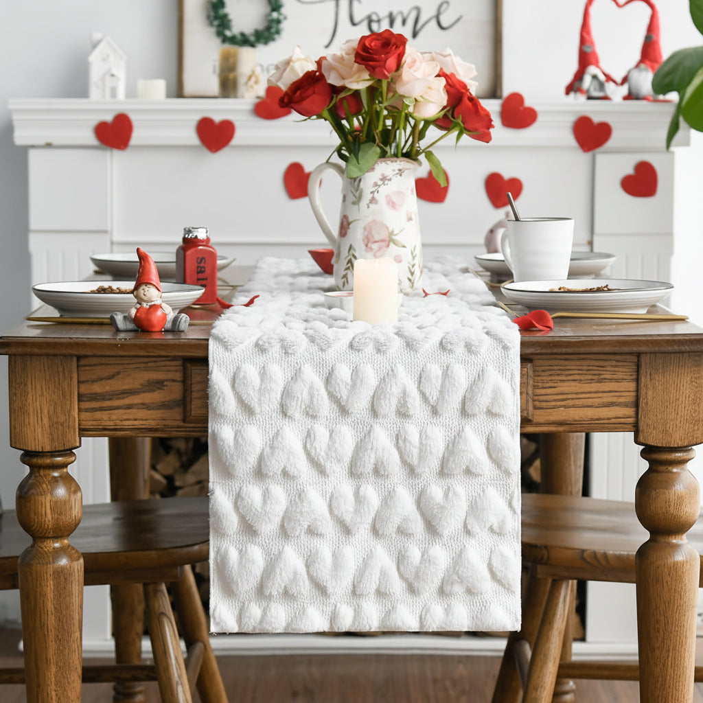 Pink Plush Jacquard Heart Table Runner for Valentine's Day