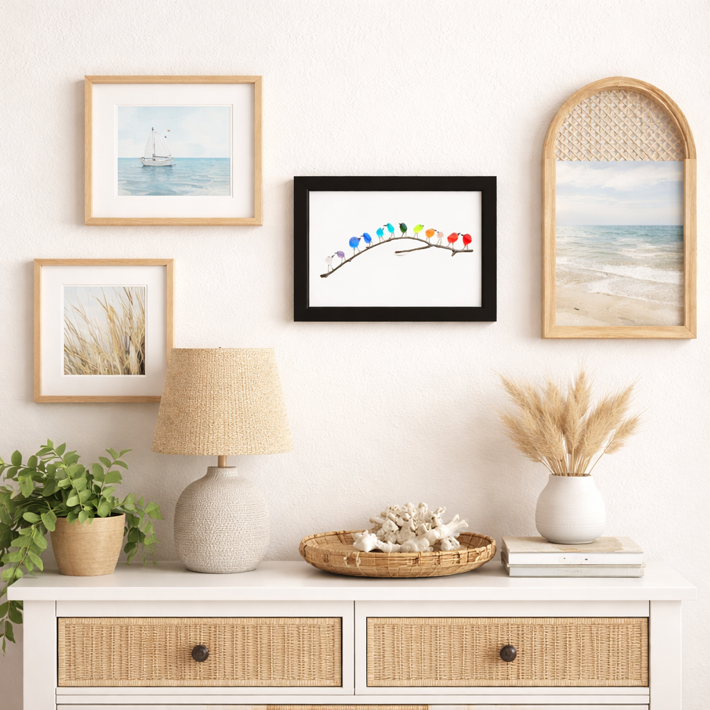 Coastal Sea Glass Bird Wall Art Frame
