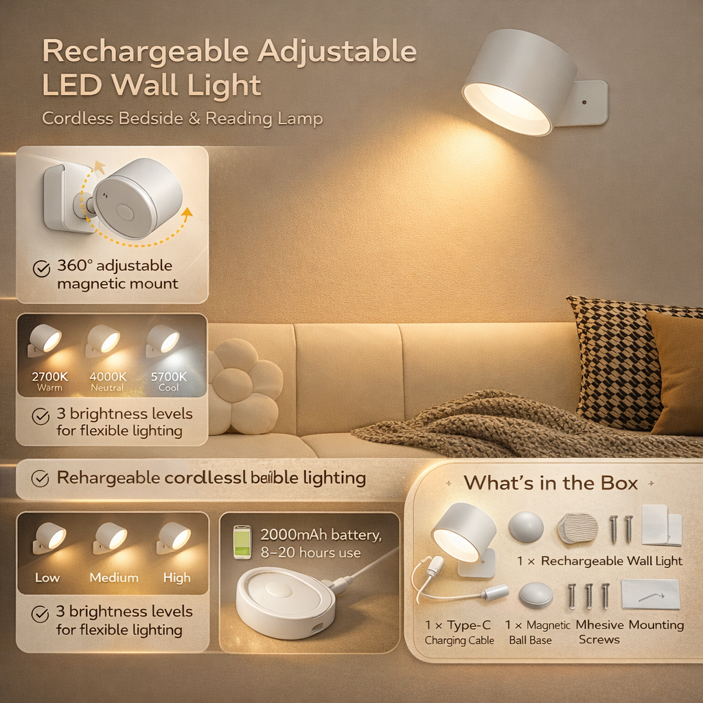 Rechargeable LED Wall Light with Magnetic Mount and Adjustable Brightness