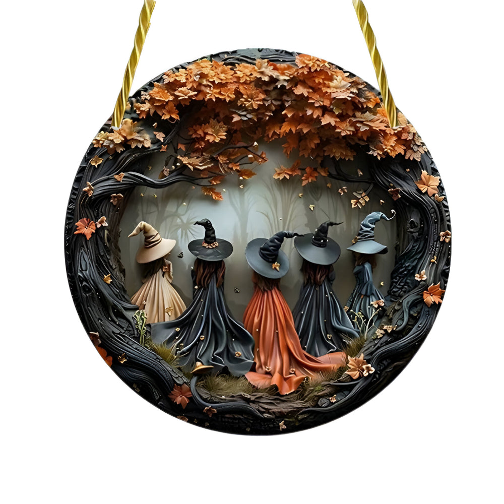Round Wooden Witch Folklore Wall Sign with Hanging Cord