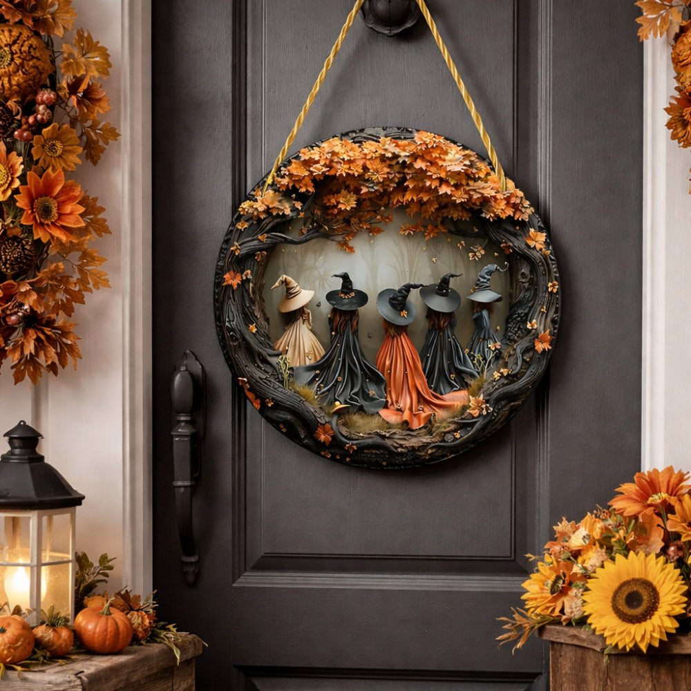 Round Wooden Witch Folklore Wall Sign with Hanging Cord