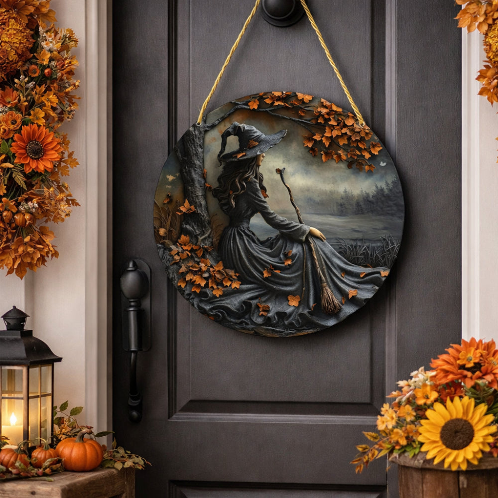 Round Wooden Witch Folklore Wall Sign with Hanging Cord