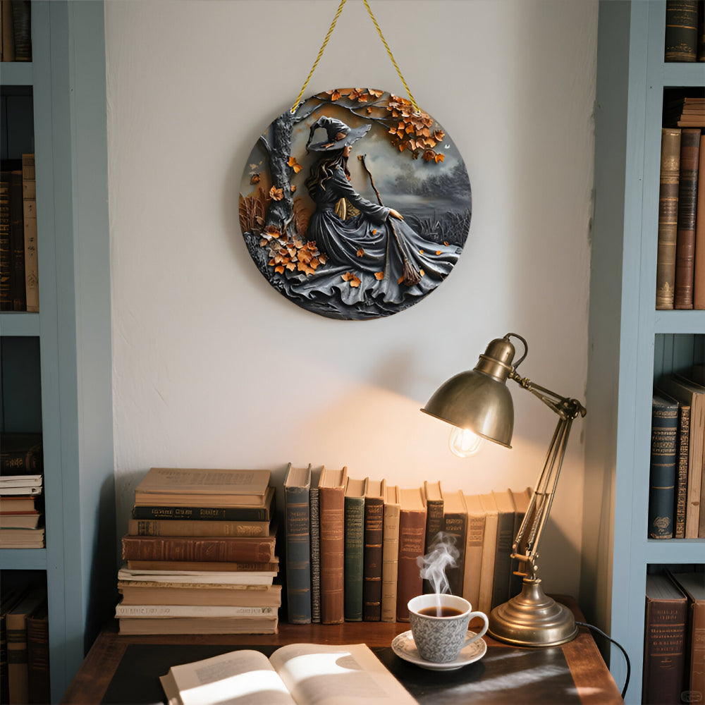 Round Wooden Witch Folklore Wall Sign with Hanging Cord