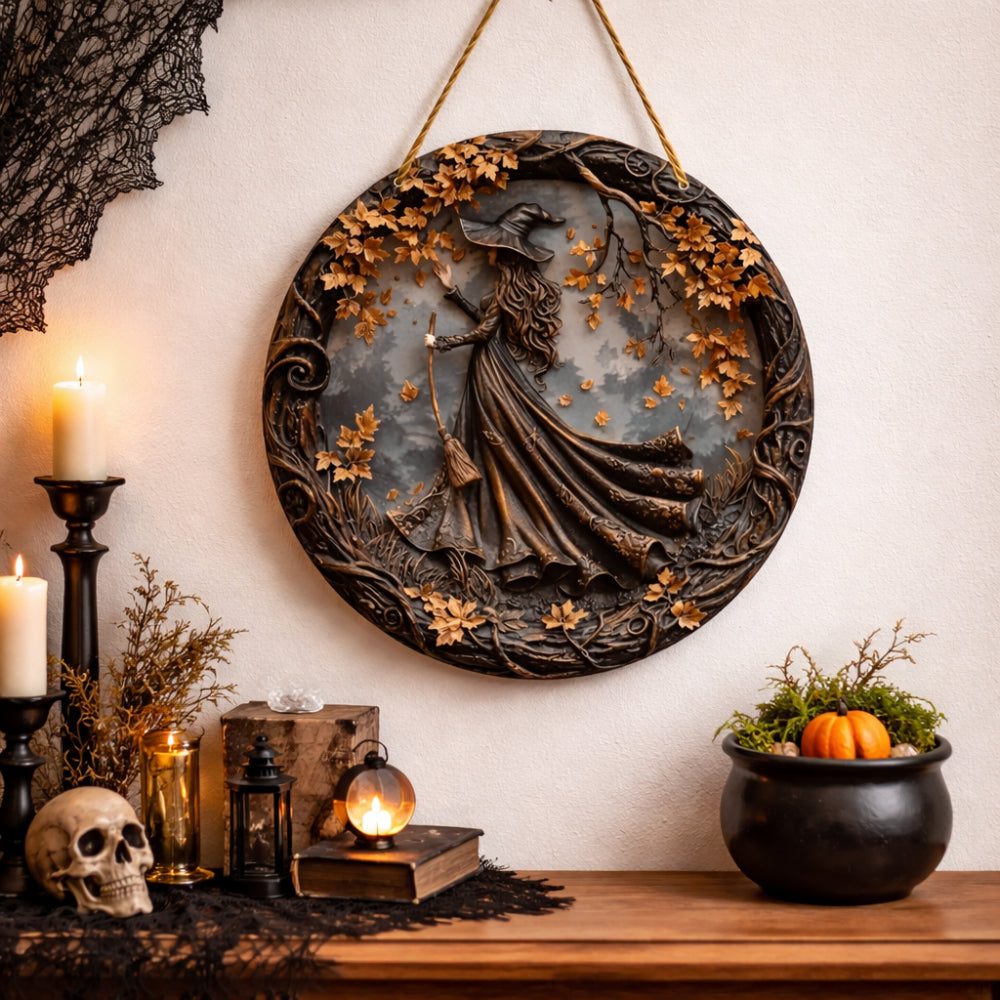 Round Wooden Witch Folklore Wall Sign with Hanging Cord