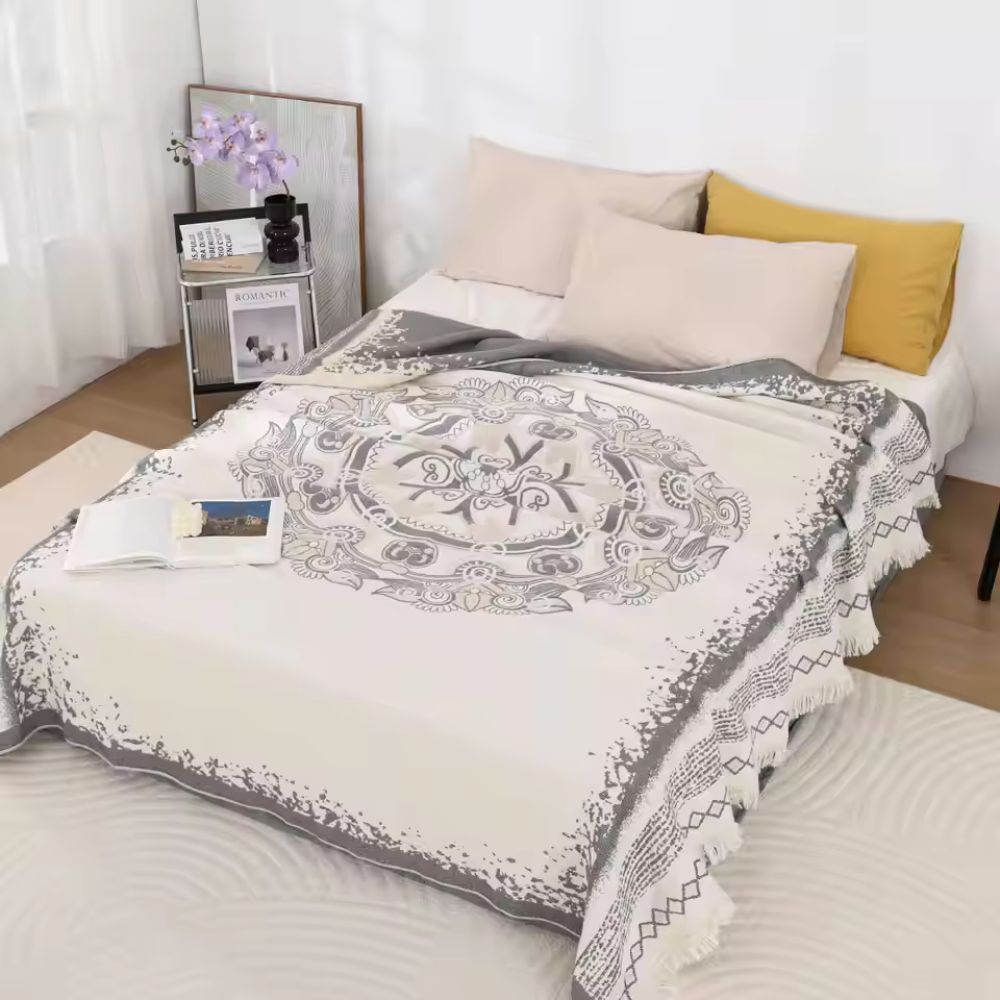 Cotton Boho Mandala Throw Blanket with Fringe